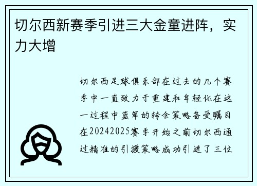 切尔西新赛季引进三大金童进阵，实力大增