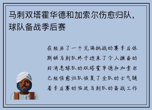马刺双塔霍华德和加索尔伤愈归队，球队备战季后赛