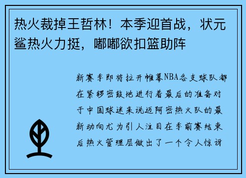 热火裁掉王哲林！本季迎首战，状元鲨热火力挺，嘟嘟欲扣篮助阵